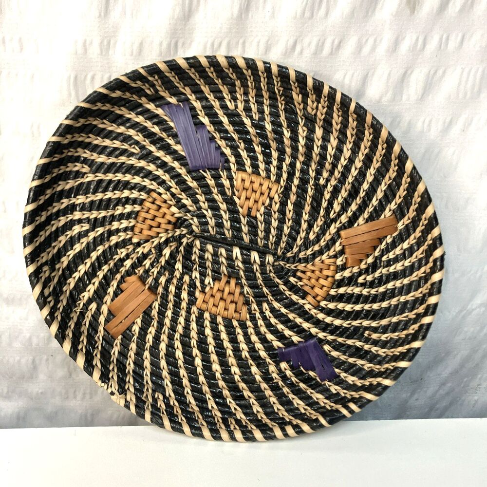 Handwoven African Raffia Basket Black & Natural Fiber Spiral Pattern Purple Tan